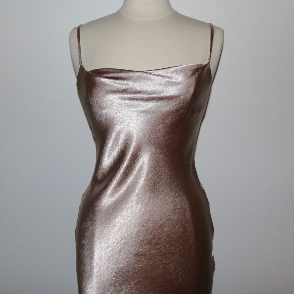 Champagne satin midi dress with cowl neckline